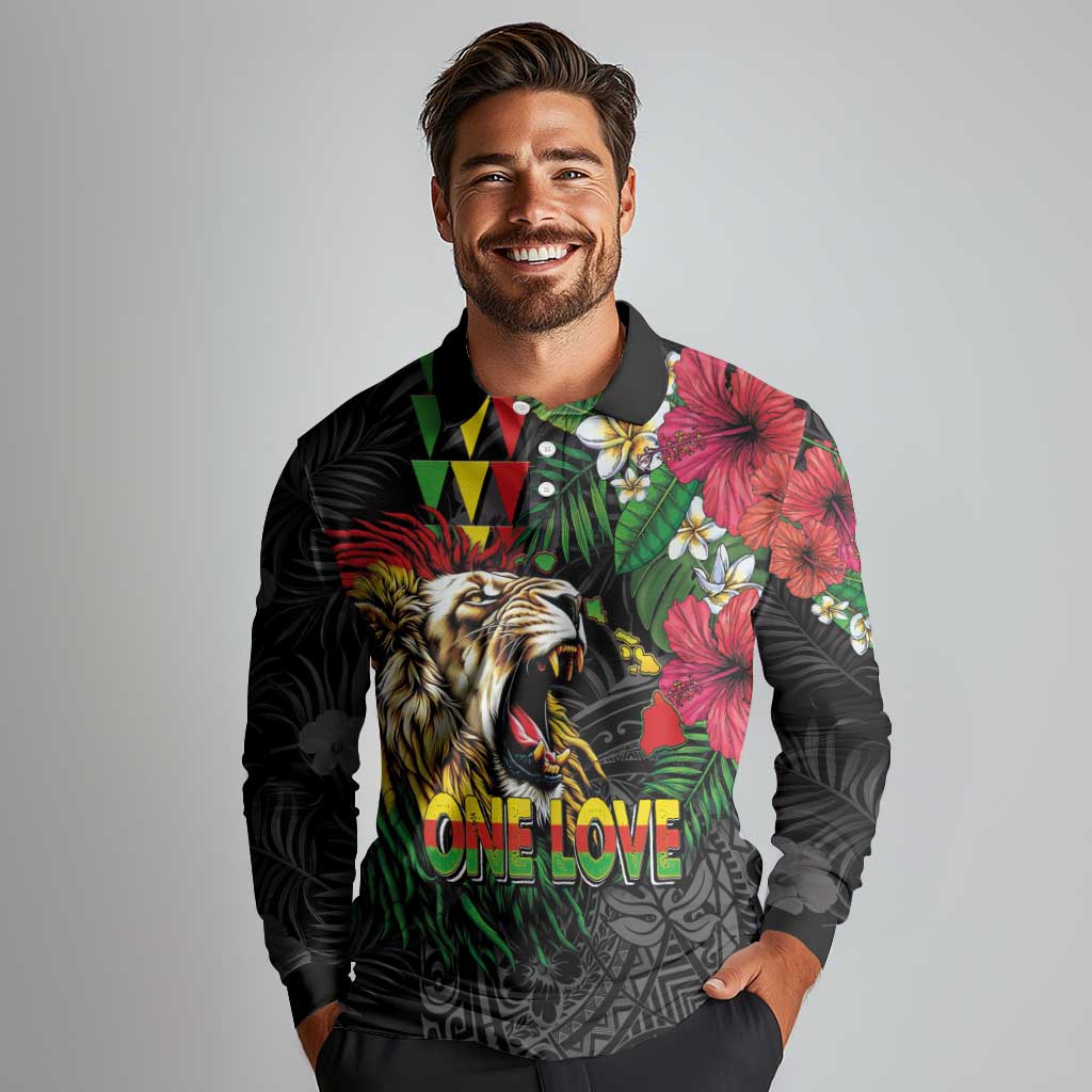 Hawaiian One Love Long Sleeve Polo Shirt Reggae Lion Tropical Plants and Kakau with Tribal Pattern LT03 - Polynesian Pride