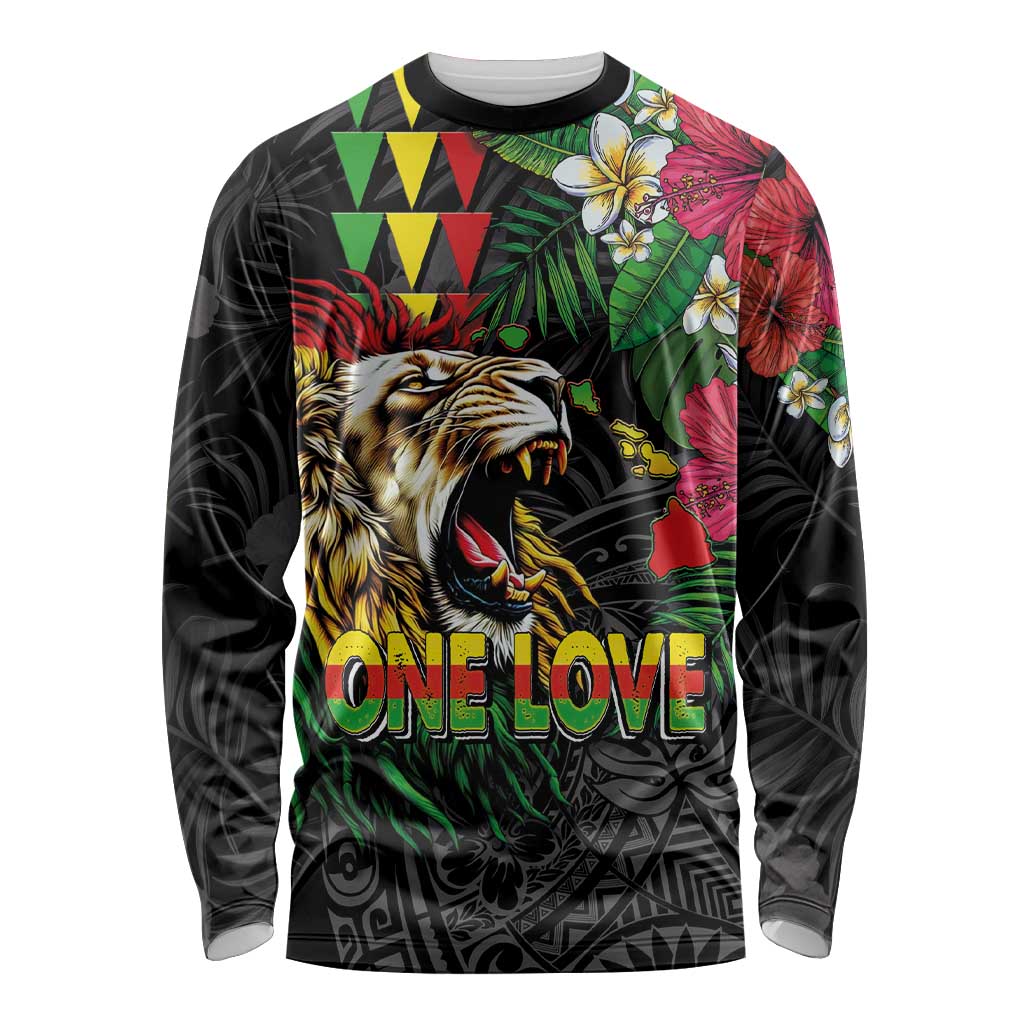 Hawaiian One Love Long Sleeve Shirt Reggae Lion Tropical Plants and Kakau with Tribal Pattern