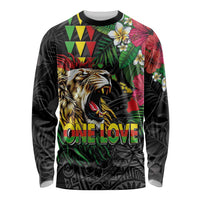 Hawaiian One Love Long Sleeve Shirt Reggae Lion Tropical Plants and Kakau with Tribal Pattern
