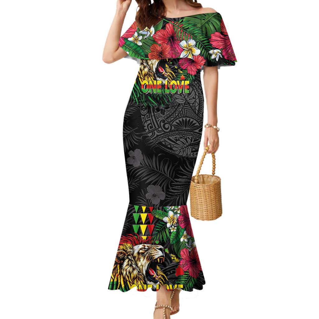 Hawaiian One Love Mermaid Dress Reggae Lion Tropical Plants and Kakau with Tribal Pattern LT03 Women Black - Polynesian Pride