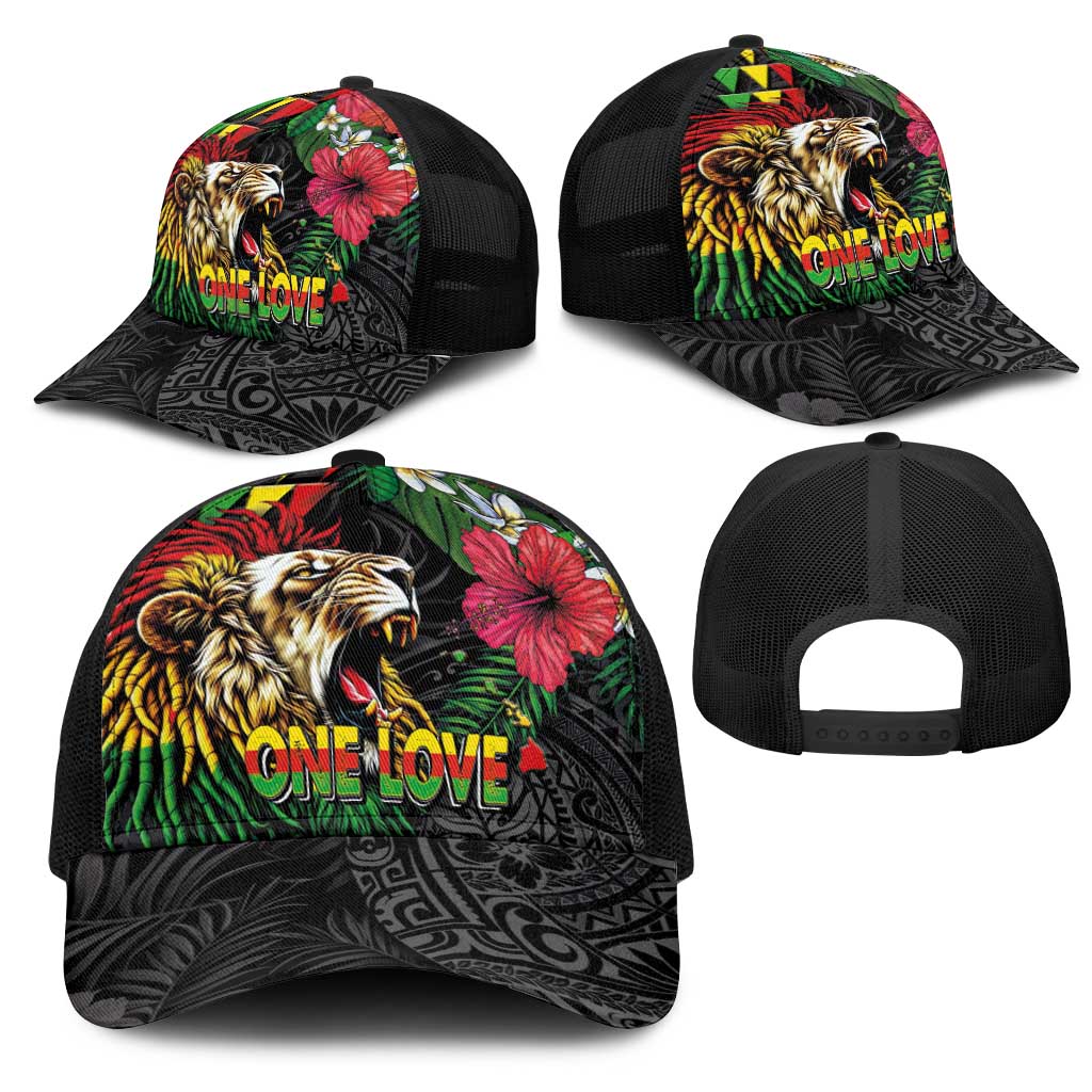 Hawaiian One Love Mesh Trucker Cap Reggae Lion Tropical Plants and Kakau with Tribal Pattern