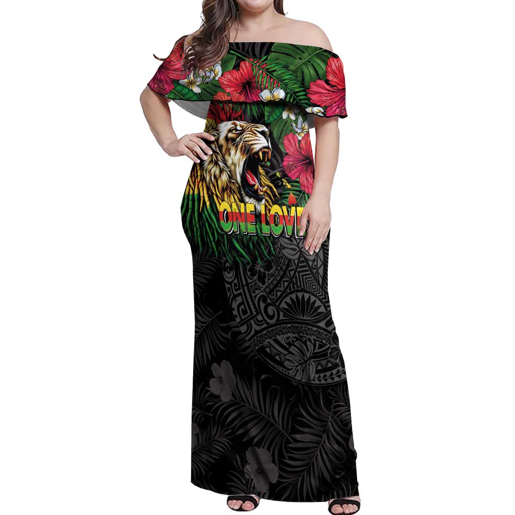Hawaiian One Love Off Shoulder Maxi Dress Reggae Lion Tropical Plants and Kakau with Tribal Pattern