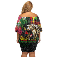 Hawaiian One Love Off Shoulder Short Dress Reggae Lion Tropical Plants and Kakau with Tribal Pattern
