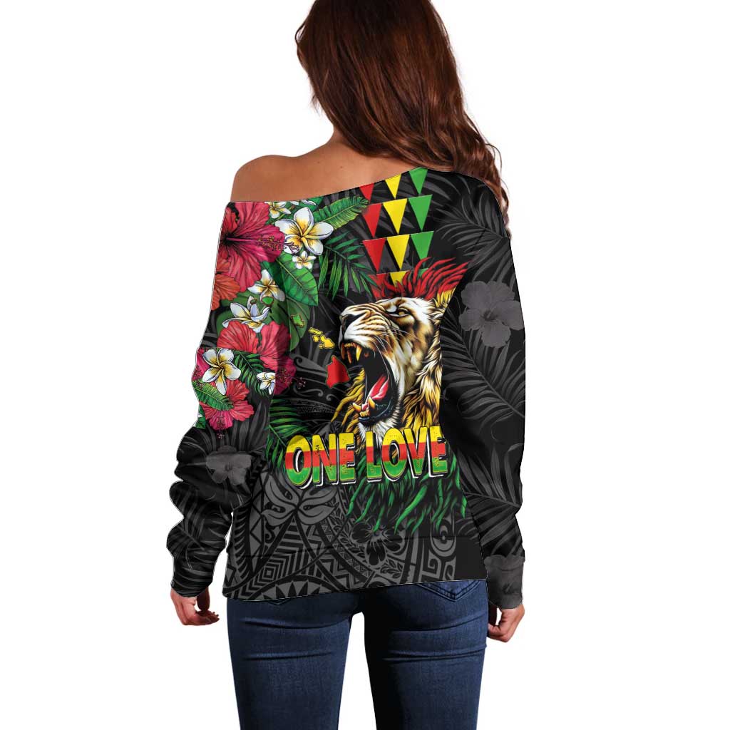 Hawaiian One Love Off Shoulder Sweater Reggae Lion Tropical Plants and Kakau with Tribal Pattern