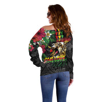 Hawaiian One Love Off Shoulder Sweater Reggae Lion Tropical Plants and Kakau with Tribal Pattern