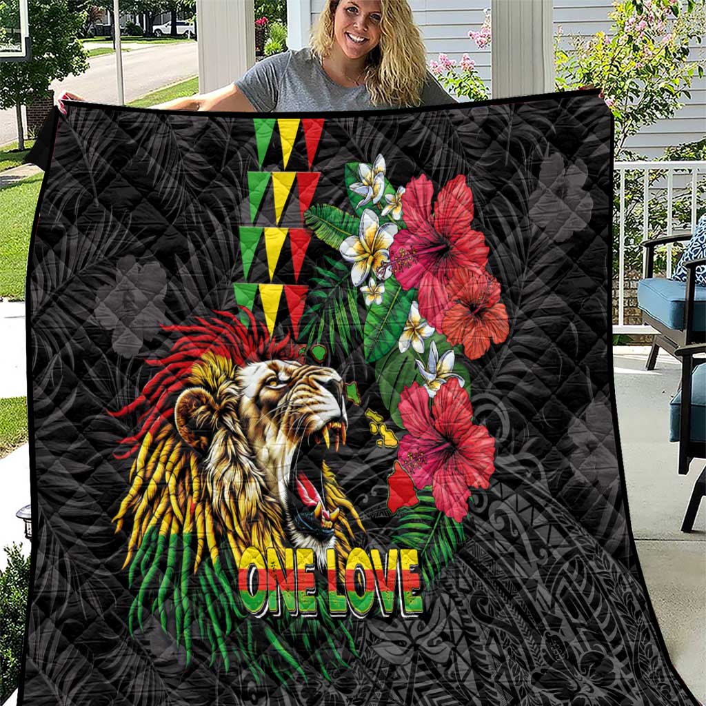 Hawaiian One Love Quilt Reggae Lion Tropical Plants and Kakau with Tribal Pattern