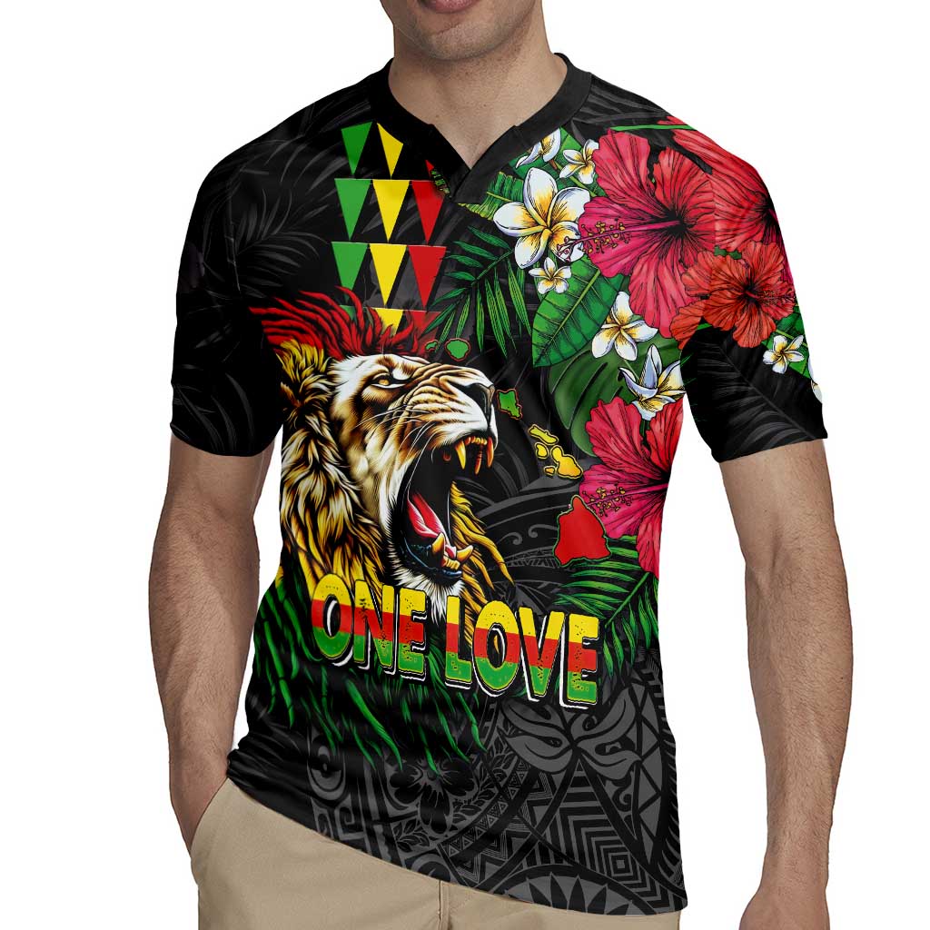 Hawaiian One Love Rugby Jersey Reggae Lion Tropical Plants and Kakau with Tribal Pattern