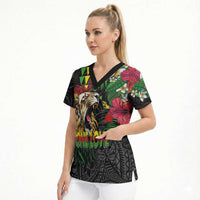 Hawaiian One Love Scrub Top Reggae Lion Tropical Plants and Kakau with Tribal Pattern