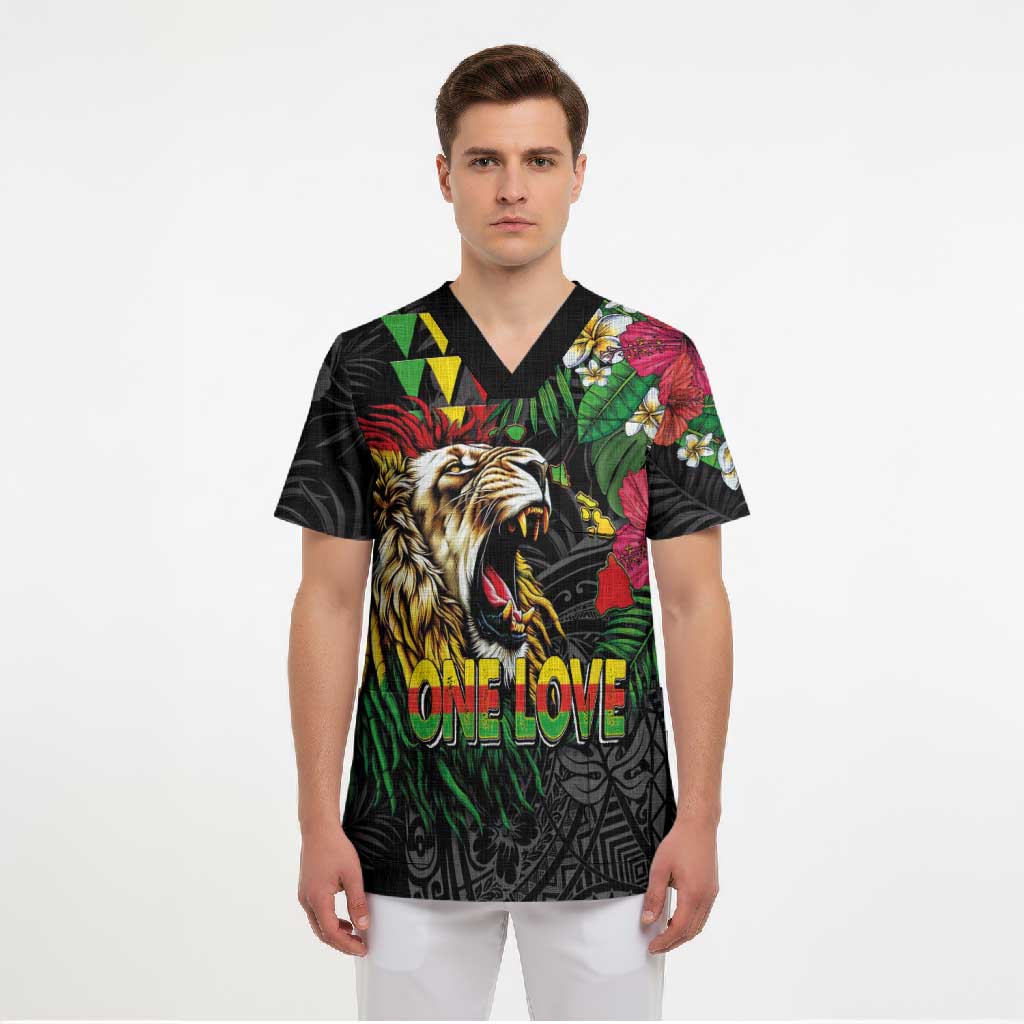 Hawaiian One Love Scrub Top Reggae Lion Tropical Plants and Kakau with Tribal Pattern