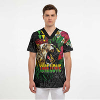 Hawaiian One Love Scrub Top Reggae Lion Tropical Plants and Kakau with Tribal Pattern