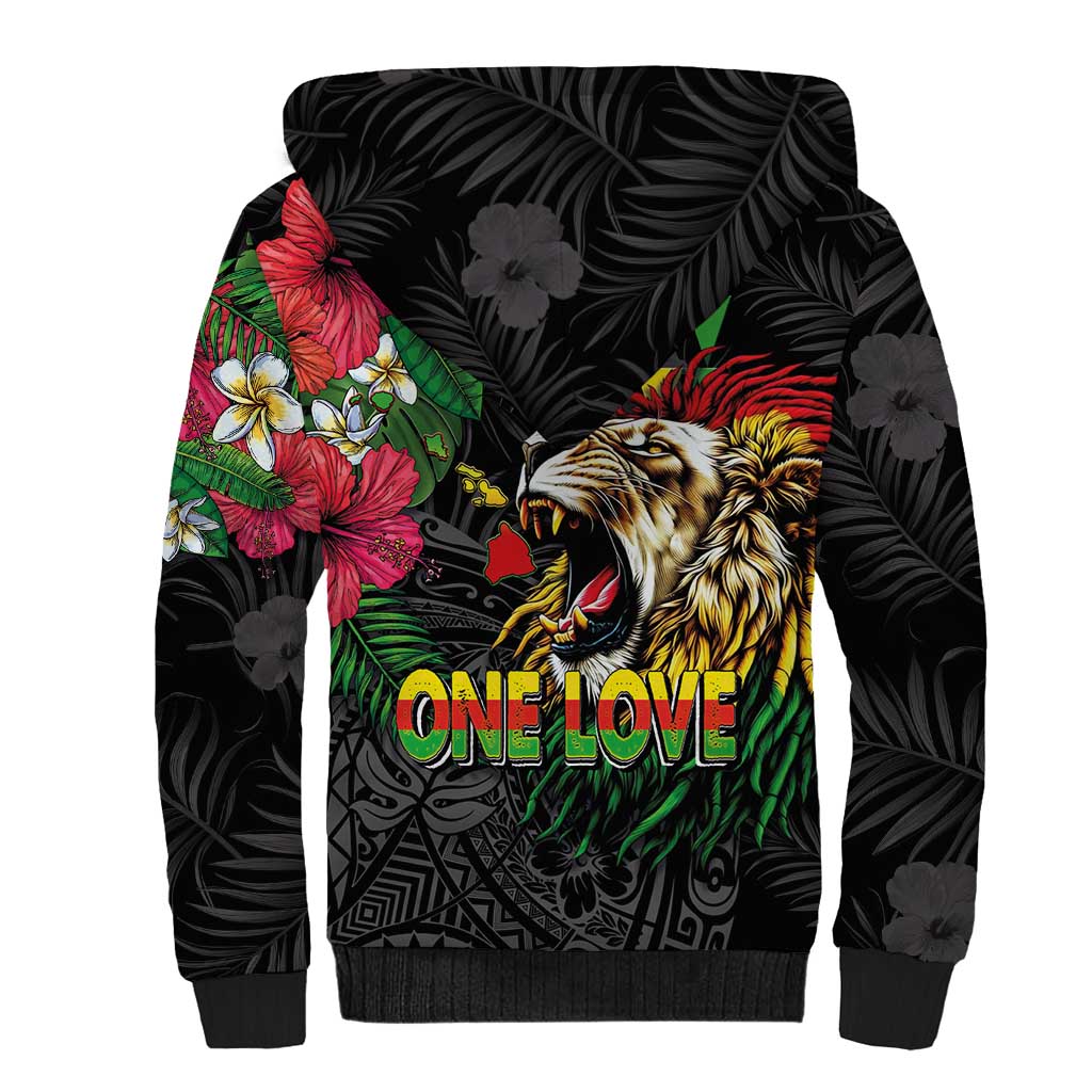 Hawaiian One Love Sherpa Hoodie Reggae Lion Tropical Plants and Kakau with Tribal Pattern LT03 - Polynesian Pride