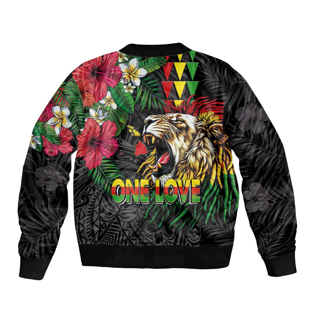Hawaiian One Love Sleeve Zip Bomber Jacket Reggae Lion Tropical Plants and Kakau with Tribal Pattern