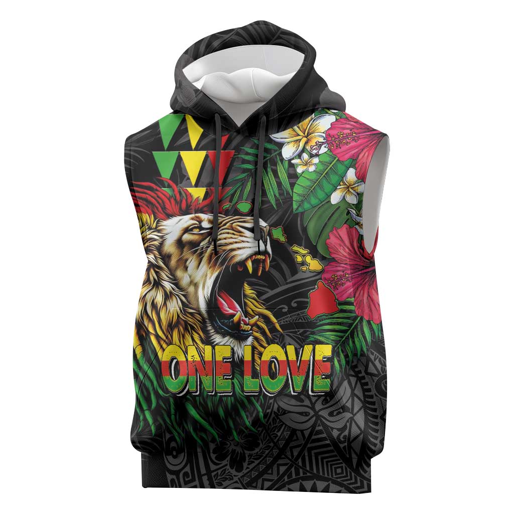 Hawaiian One Love Sleeveless Hoodie Reggae Lion Tropical Plants and Kakau with Tribal Pattern LT03 Black - Polynesian Pride