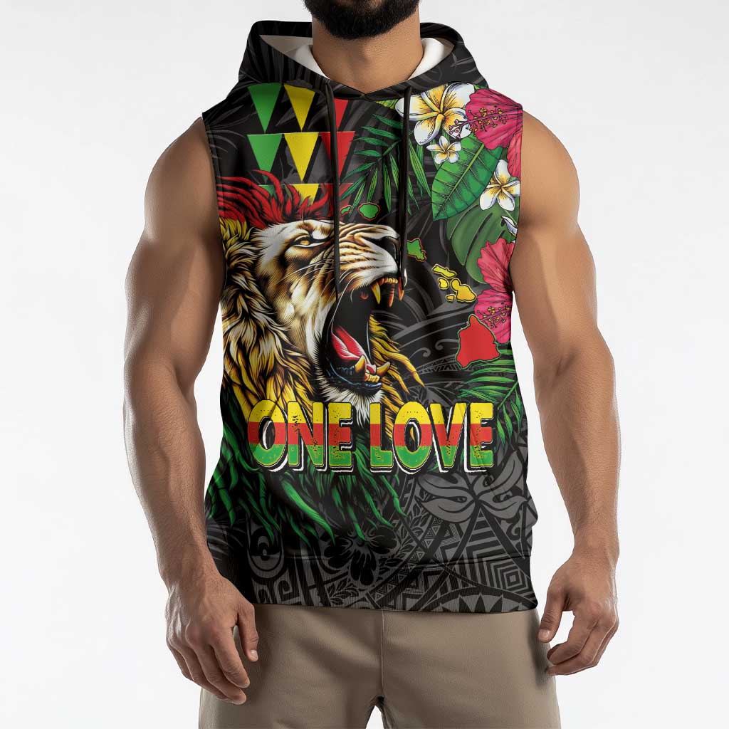 Hawaiian One Love Sleeveless Hoodie Reggae Lion Tropical Plants and Kakau with Tribal Pattern LT03 - Polynesian Pride