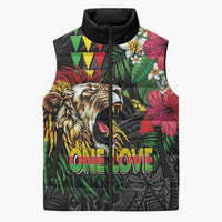Hawaiian One Love Sleeveless Puffer Jacket Reggae Lion Tropical Plants and Kakau with Tribal Pattern