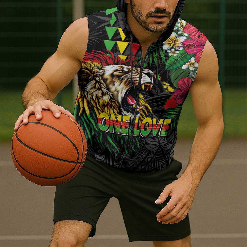 Hawaiian One Love Sleeveless Zip Hoodie Reggae Lion Tropical Plants and Kakau with Tribal Pattern LT03 - Polynesian Pride