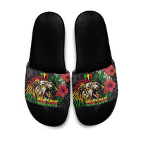 Hawaiian One Love Slide Sandals Reggae Lion Tropical Plants and Kakau with Tribal Pattern LT03 Black - Polynesian Pride