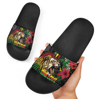 Hawaiian One Love Slide Sandals Reggae Lion Tropical Plants and Kakau with Tribal Pattern LT03 - Polynesian Pride