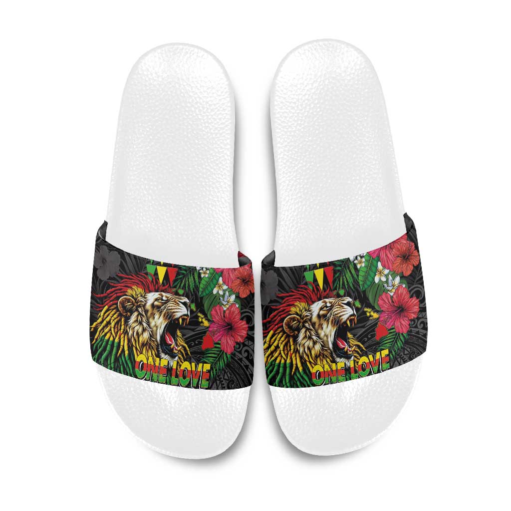 Hawaiian One Love Slide Sandals Reggae Lion Tropical Plants and Kakau with Tribal Pattern LT03 Black - Polynesian Pride