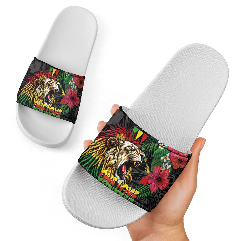 Hawaiian One Love Slide Sandals Reggae Lion Tropical Plants and Kakau with Tribal Pattern LT03 - Polynesian Pride