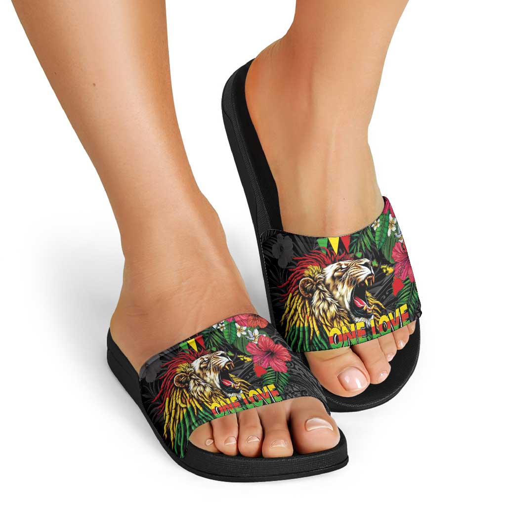 Hawaiian One Love Slide Sandals Reggae Lion Tropical Plants and Kakau with Tribal Pattern LT03 - Polynesian Pride