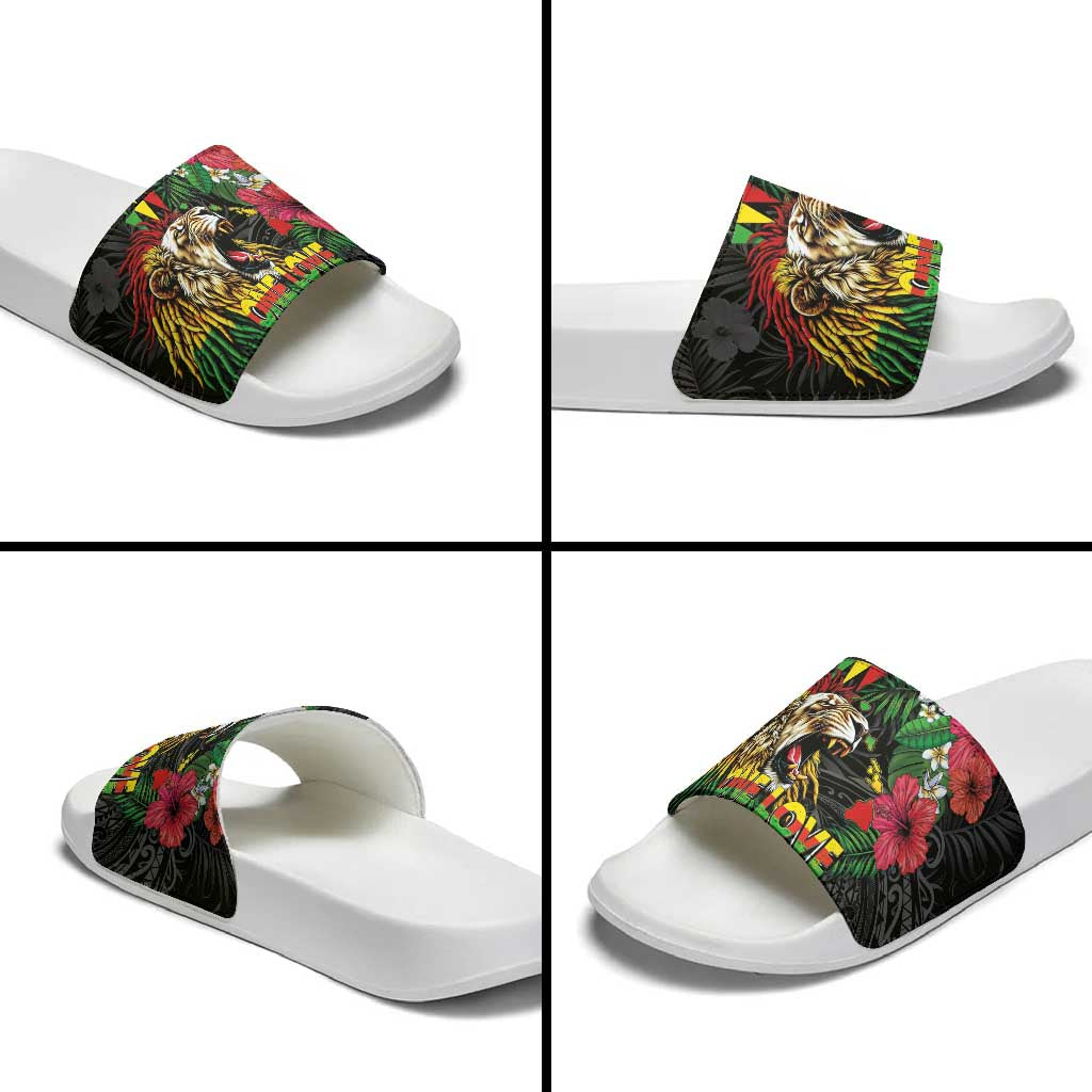 Hawaiian One Love Slide Sandals Reggae Lion Tropical Plants and Kakau with Tribal Pattern LT03 - Polynesian Pride