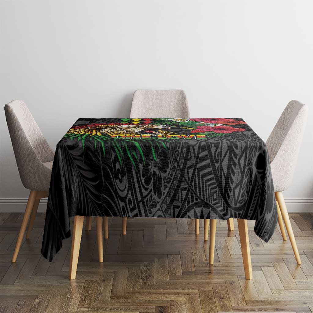 Hawaiian One Love Tablecloth Reggae Lion Tropical Plants and Kakau with Tribal Pattern