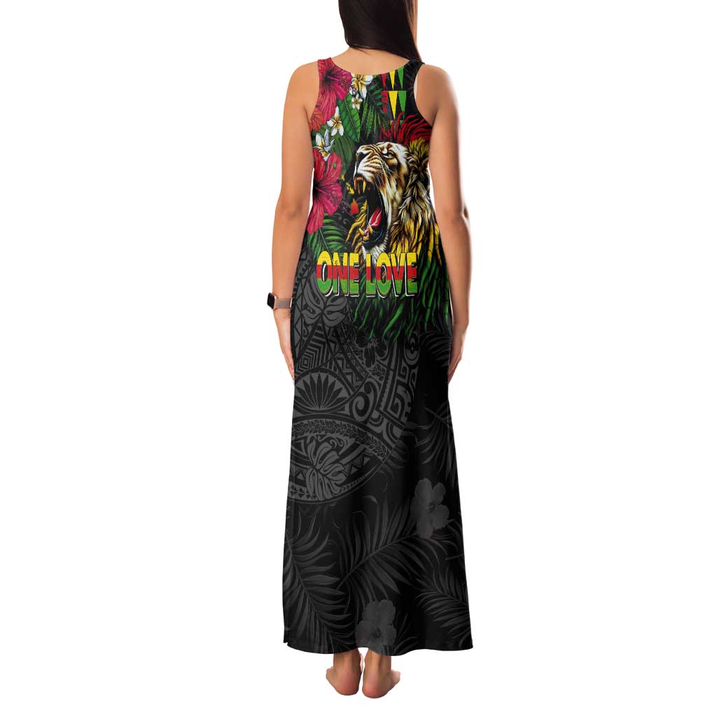 Hawaiian One Love Tank Maxi Dress Reggae Lion Tropical Plants and Kakau with Tribal Pattern