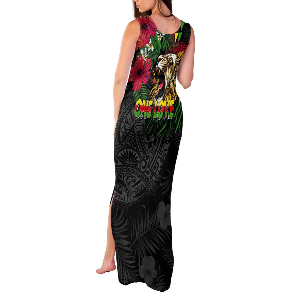 Hawaiian One Love Tank Maxi Dress Reggae Lion Tropical Plants and Kakau with Tribal Pattern