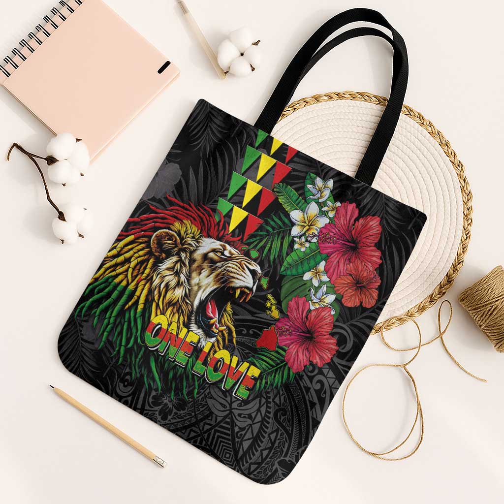 Hawaiian One Love Tote Bag Reggae Lion Tropical Plants and Kakau with Tribal Pattern LT03 Black Strap One Size Black - Polynesian Pride