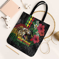 Hawaiian One Love Tote Bag Reggae Lion Tropical Plants and Kakau with Tribal Pattern LT03 Black Strap One Size Black - Polynesian Pride