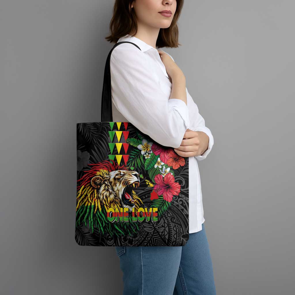 Hawaiian One Love Tote Bag Reggae Lion Tropical Plants and Kakau with Tribal Pattern LT03 - Polynesian Pride