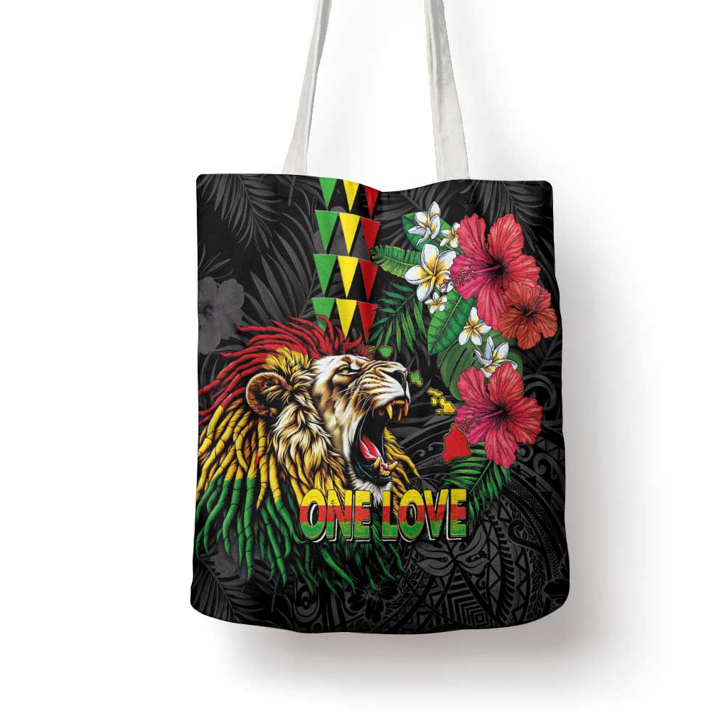 Hawaiian One Love Tote Bag Reggae Lion Tropical Plants and Kakau with Tribal Pattern LT03 - Polynesian Pride