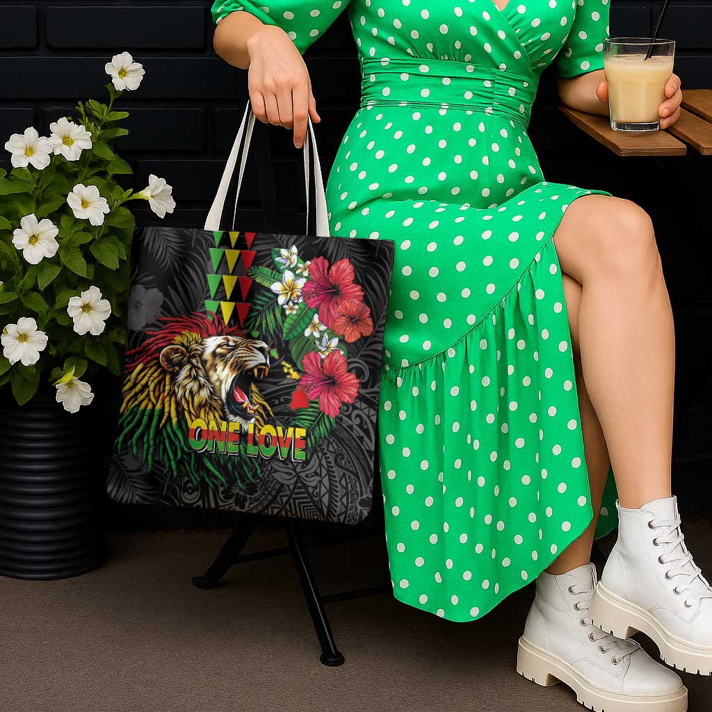 Hawaiian One Love Tote Bag Reggae Lion Tropical Plants and Kakau with Tribal Pattern LT03 - Polynesian Pride
