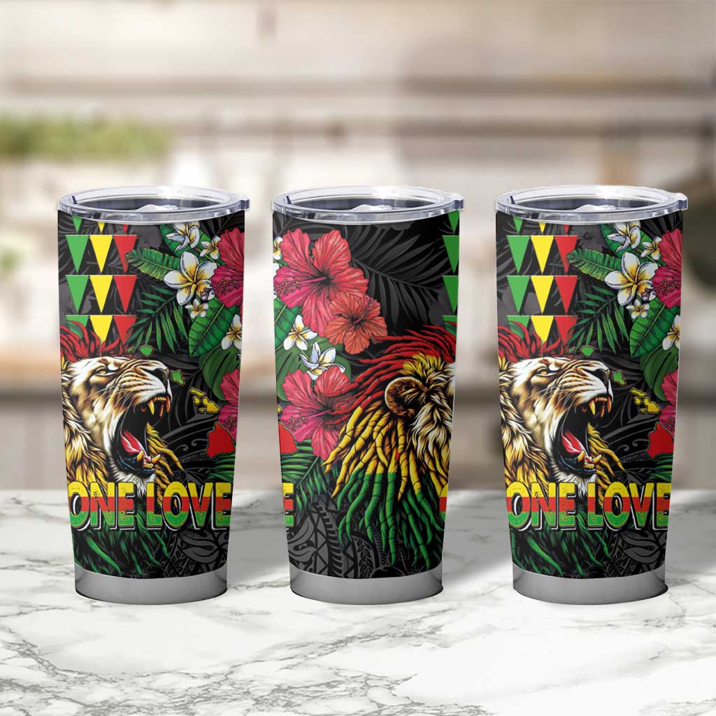 Hawaiian One Love Tumbler Cup Reggae Lion Tropical Plants and Kakau with Tribal Pattern