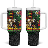 Hawaiian One Love Tumbler With Handle Reggae Lion Tropical Plants and Kakau with Tribal Pattern LT03 One Size: 40 oz Black - Polynesian Pride