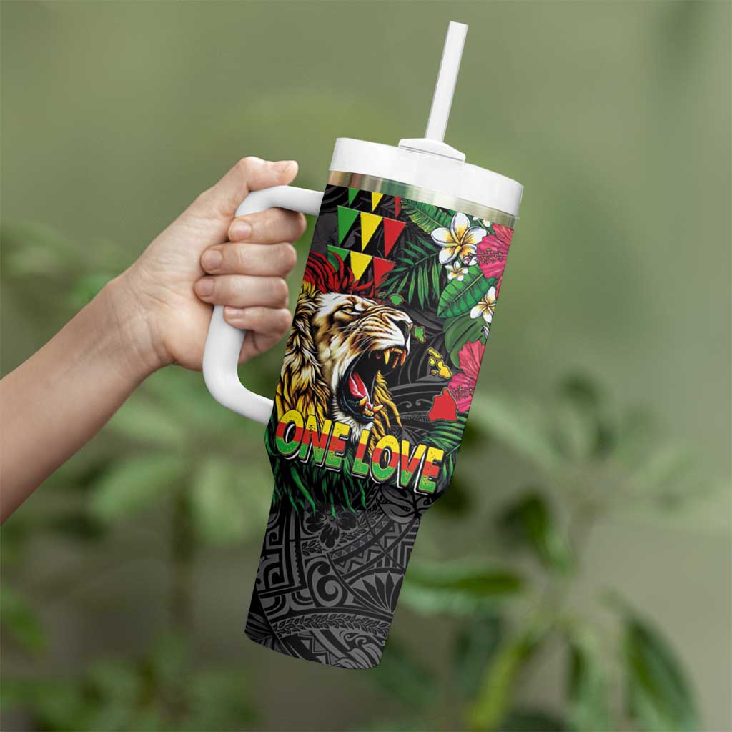 Hawaiian One Love Tumbler With Handle Reggae Lion Tropical Plants and Kakau with Tribal Pattern LT03 - Polynesian Pride