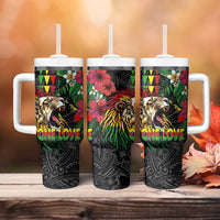 Hawaiian One Love Tumbler With Handle Reggae Lion Tropical Plants and Kakau with Tribal Pattern LT03 - Polynesian Pride