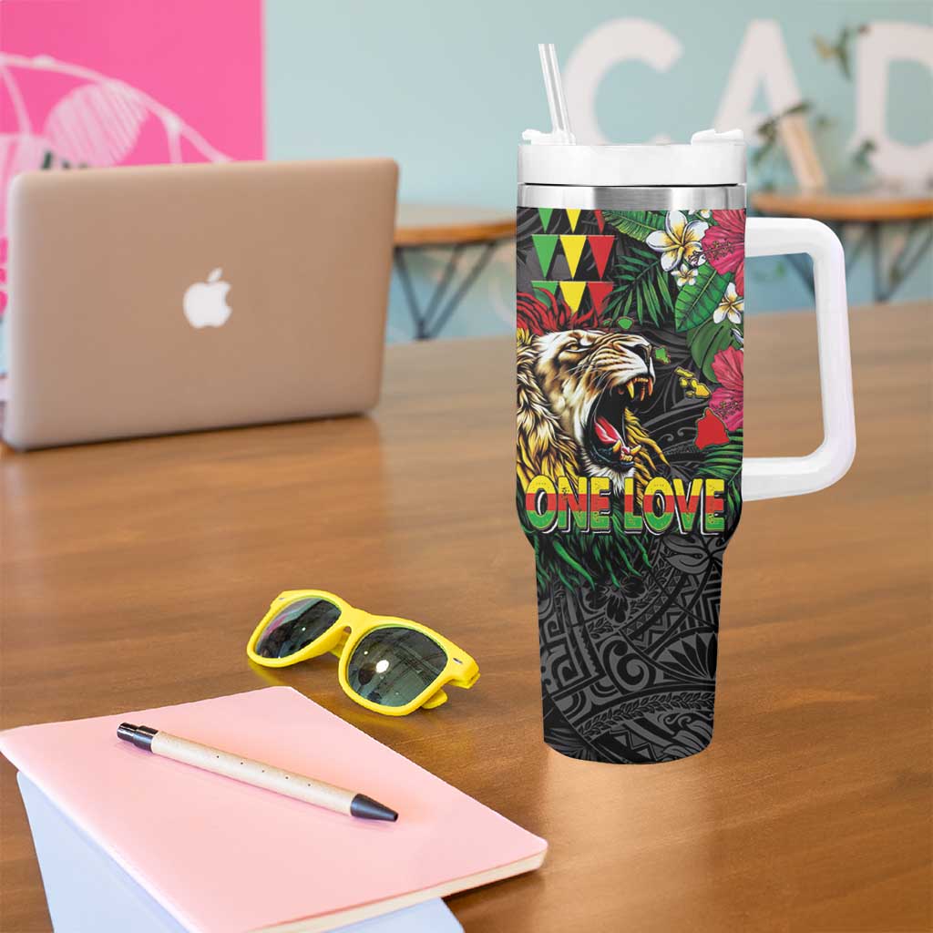 Hawaiian One Love Tumbler With Handle Reggae Lion Tropical Plants and Kakau with Tribal Pattern LT03 - Polynesian Pride