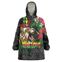 Hawaiian One Love Wearable Blanket Hoodie Reggae Lion Tropical Plants and Kakau with Tribal Pattern LT03 One Size Black - Polynesian Pride