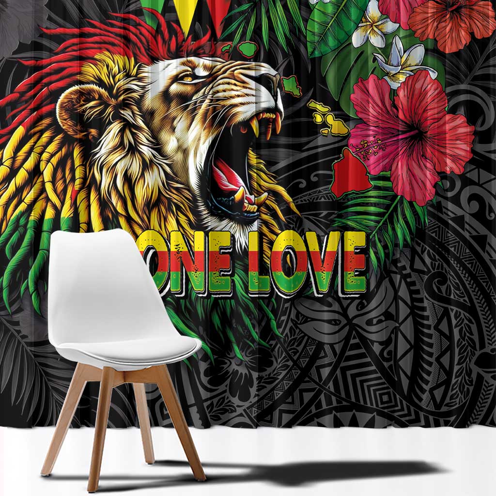 Hawaiian One Love Window Curtain Reggae Lion Tropical Plants and Kakau with Tribal Pattern