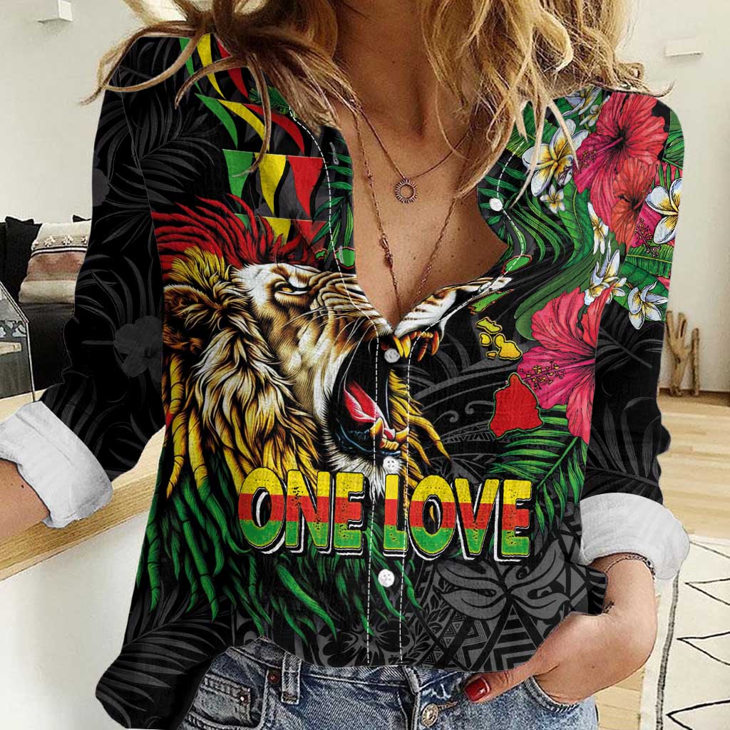 Hawaiian One Love Women Casual Shirt Reggae Lion Tropical Plants and Kakau with Tribal Pattern LT03 Female Black - Polynesian Pride