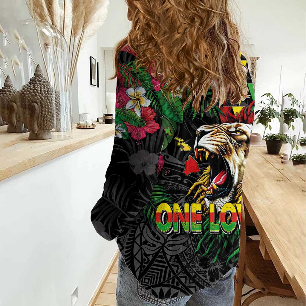Hawaiian One Love Women Casual Shirt Reggae Lion Tropical Plants and Kakau with Tribal Pattern LT03 - Polynesian Pride