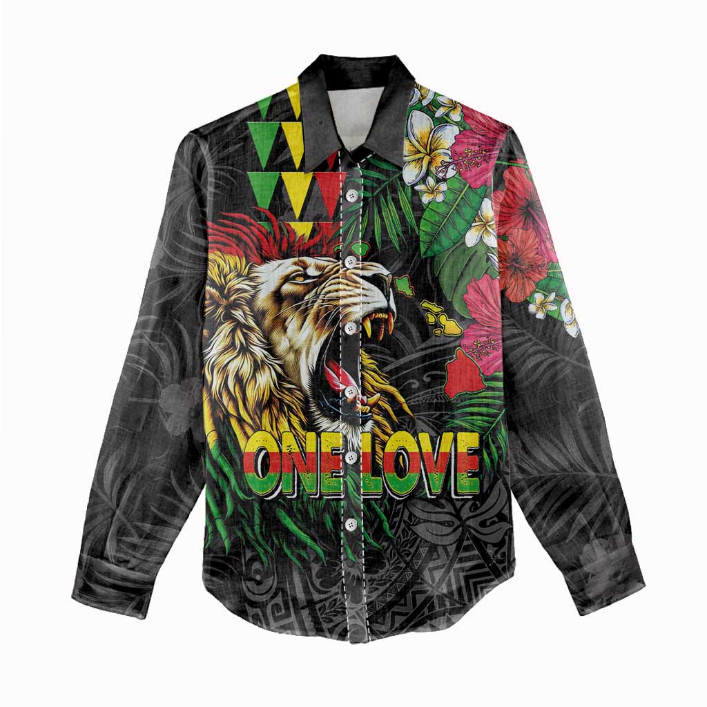 Hawaiian One Love Women Casual Shirt Reggae Lion Tropical Plants and Kakau with Tribal Pattern LT03 - Polynesian Pride