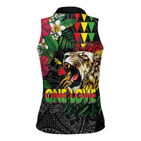 Hawaiian One Love Women Sleeveless Polo Shirt Reggae Lion Tropical Plants and Kakau with Tribal Pattern LT03 - Polynesian Pride