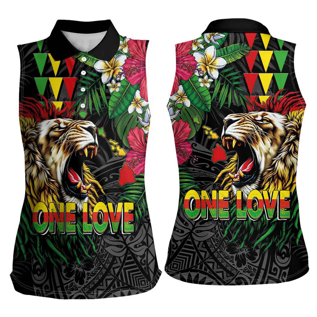 Hawaiian One Love Women Sleeveless Polo Shirt Reggae Lion Tropical Plants and Kakau with Tribal Pattern LT03 - Polynesian Pride