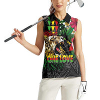 Hawaiian One Love Women Sleeveless Polo Shirt Reggae Lion Tropical Plants and Kakau with Tribal Pattern LT03 - Polynesian Pride
