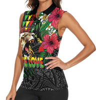 Hawaiian One Love Women Sleeveless Polo Shirt Reggae Lion Tropical Plants and Kakau with Tribal Pattern LT03 - Polynesian Pride