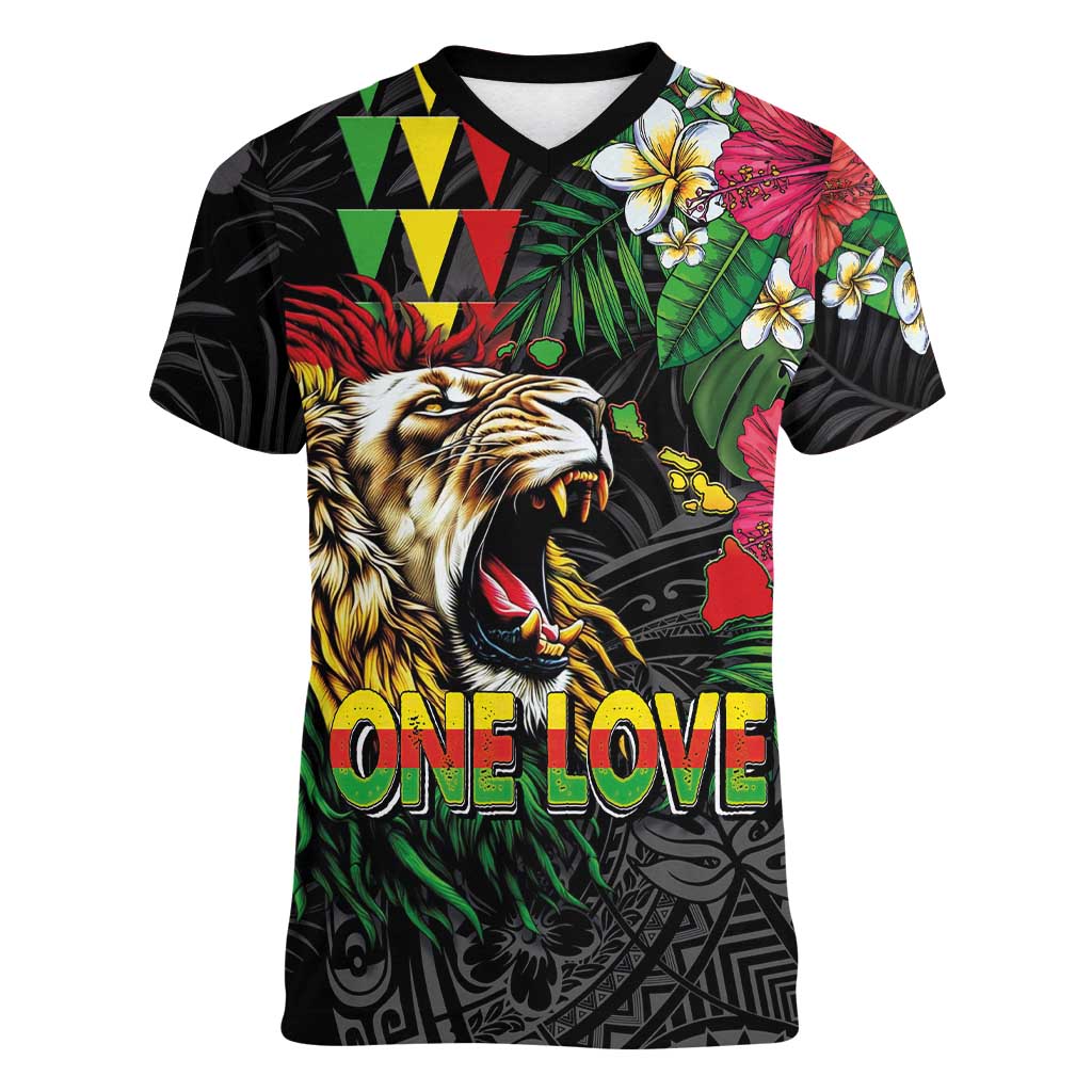 Hawaiian One Love Women V-Neck T-Shirt Reggae Lion Tropical Plants and Kakau with Tribal Pattern