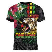 Hawaiian One Love Women V-Neck T-Shirt Reggae Lion Tropical Plants and Kakau with Tribal Pattern LT03 - Polynesian Pride